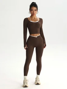 StreetHx Women's 2 Pieces Faux Layered Long Sleeve Top And Pants Casual Daily Sports Set - Multicolor - View 6