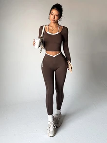 StreetHx Women's 2 Pieces Faux Layered Long Sleeve Top And Pants Casual Daily Sports Set - Multicolor - View 3