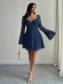 SHEIN Unity Plus Size Elegant White Lace Bell Sleeve Dress Autumn Cloth For Women Wedding Cocktail Date Night Fall - Blue - View 4