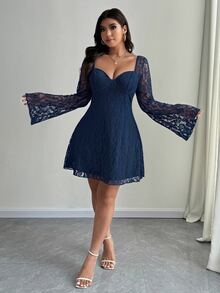 SHEIN Unity Plus Size Elegant White Lace Bell Sleeve Dress Autumn Cloth For Women Wedding Cocktail Date Night Fall - Blue - View 1