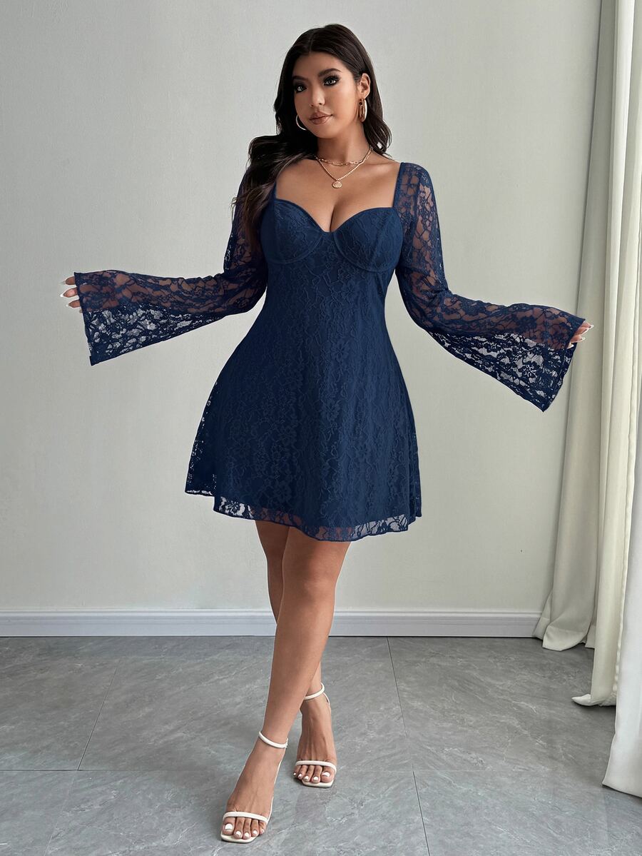 SHEIN Unity Plus Size Elegant White Lace Bell Sleeve Dress Autumn Cloth For Women Wedding Cocktail Date Night Fall - Blue - View 1