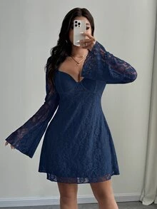 SHEIN Unity Plus Size Elegant White Lace Bell Sleeve Dress Autumn Cloth For Women Wedding Cocktail Date Night Fall - Blue - View 2