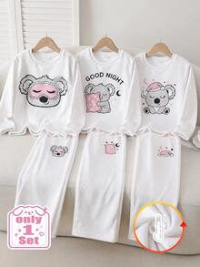 Girls' Oversized Long Sleeve Long Pants Fleece Pajamas, Cute Koala Eye Mask Design, Suitable For Home Wear And Daily Outfit, Autumn/Winter - Apricot - View 7
