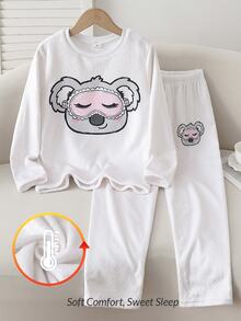Girls' Oversized Long Sleeve Long Pants Fleece Pajamas, Cute Koala Eye Mask Design, Suitable For Home Wear And Daily Outfit, Autumn/Winter - Apricot - View 3
