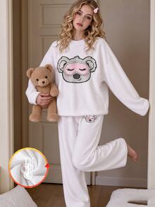 Girls' Oversized Long Sleeve Long Pants Fleece Pajamas, Cute Koala Eye Mask Design, Suitable For Home Wear And Daily Outfit, Autumn/Winter - Apricot - View 1