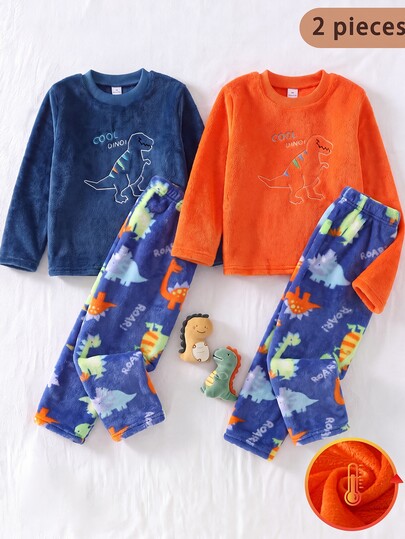 Boys' Fashion Classic Minimalist Casual Daily Comfortable Soft Skin-Friendly Thick Flannel Fleece Blue Cartoon Dinosaur Embroidered Multi-Color Cartoon Print Crew Neck Pullover Long Sleeve Top And Long Pants Pajama Set Loungewear 2 Pieces Set