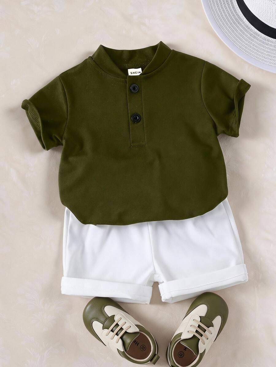 Souflis Souflis 2pcs Baby Boy Elegant Minimalist Stand Collar Short Sleeve T-Shirt And Contrast Color Pants Set, Suitable For Summer
