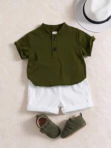 Souflis Souflis 2pcs Baby Boy Elegant Minimalist Stand Collar Short Sleeve T-Shirt And Contrast Color Pants Set, Suitable For Summer - Multicolor - View 10