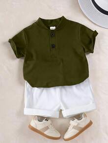 Souflis Souflis 2pcs Baby Boy Elegant Minimalist Stand Collar Short Sleeve T-Shirt And Contrast Color Pants Set, Suitable For Summer - Multicolor - View 7