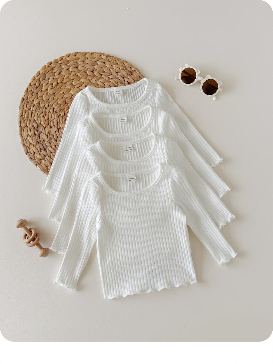 SHEIN Baby Girl Casual Cute Knit Versatile Solid Color Long Sleeve Tops 4pcs -Piece Set - White - View 1