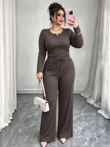 Elenzga 2pcs Plus Size Women's Black Fall Winter Casual Elegant Solid Color Fabric Open Front 2-Piece Set - Multicolor - View 3