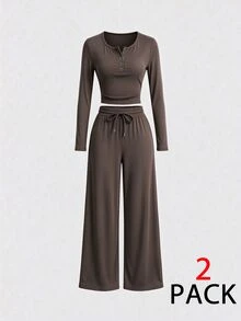 Elenzga 2pcs Plus Size Women's Black Fall Winter Casual Elegant Solid Color Fabric Open Front 2-Piece Set - Multicolor - View 4
