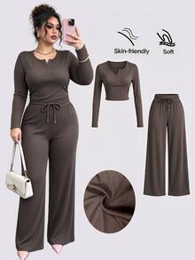Elenzga 2pcs Plus Size Women's Black Fall Winter Casual Elegant Solid Color Fabric Open Front 2-Piece Set - Multicolor - View 1