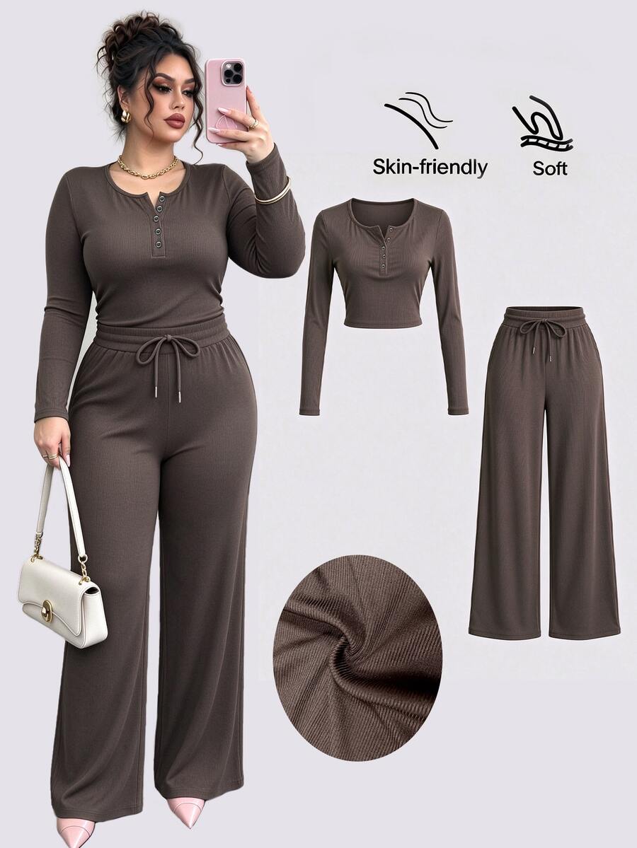 Elenzga 2pcs Plus Size Women's Black Fall Winter Casual Elegant Solid Color Fabric Open Front 2-Piece Set - Multicolor - View 1