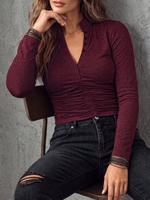 Linhara Plus Size Shiny Deep V-Neck Women's Top, Elegant Sexy Half-Open Front Pleated Long Sleeve Knit Sweater For Autumn - Burgundy - View 5