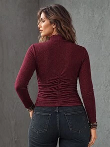 Linhara Plus Size Shiny Deep V-Neck Women's Top, Elegant Sexy Half-Open Front Pleated Long Sleeve Knit Sweater For Autumn - Burgundy - View 2