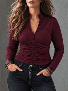 Linhara Plus Size Shiny Deep V-Neck Women's Top, Elegant Sexy Half-Open Front Pleated Long Sleeve Knit Sweater For Autumn - Burgundy - View 6