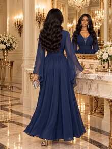 Fleurora Elegant Classy Blue Dress For Women, V-Neck Beaded Bodice ...