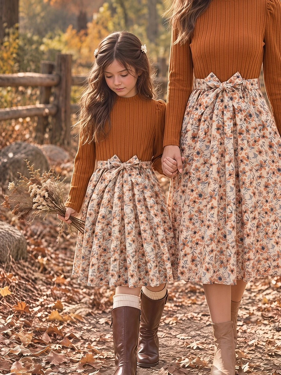 SHEIN Tween Girl Red Floral Ribbed Homecoming Dress Dresses For Girls Girls Clothes 8 To 12 Years - Brown - View 1
