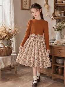 SHEIN Tween Girl Red Floral Ribbed Homecoming Dress Dresses For Girls Girls Clothes 8 To 12 Years - Brown - View 2