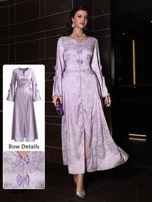 Yasmyna V-Neck Flare Sleeve Bow Tie Side Cinched Waist Maxi Dress, Spring/Summer - Multicolor - View 6
