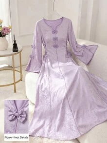 Yasmyna V-Neck Flare Sleeve Bow Tie Side Cinched Waist Maxi Dress, Spring/Summer - Multicolor - View 3