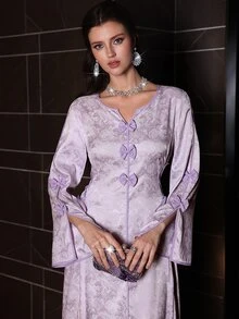 Yasmyna V-Neck Flare Sleeve Bow Tie Side Cinched Waist Maxi Dress, Spring/Summer - Multicolor - View 5