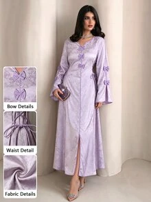 Yasmyna V-Neck Flare Sleeve Bow Tie Side Cinched Waist Maxi Dress, Spring/Summer - Multicolor - View 1