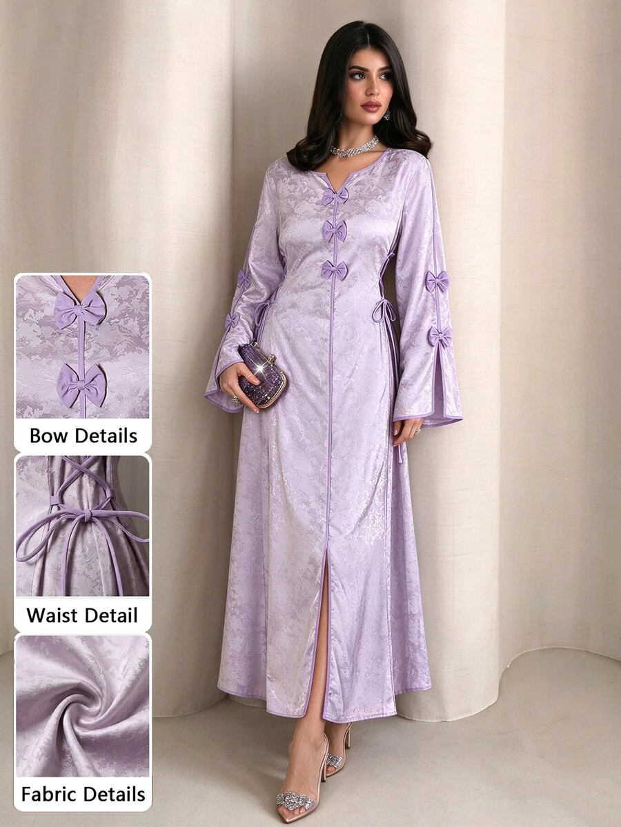 Yasmyna V-Neck Flare Sleeve Bow Tie Side Cinched Waist Maxi Dress, Spring/Summer - Multicolor - View 1