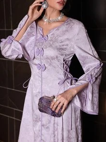 Yasmyna V-Neck Flare Sleeve Bow Tie Side Cinched Waist Maxi Dress, Spring/Summer - Multicolor - View 8