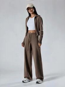 LYSMO 女款翻領拉鍊長袖上衣抽繩褲兩件套休閒服，咖啡棕色，適合居家旅行，秋季休閒，秋冬款 - 卡其色 - 查看 1