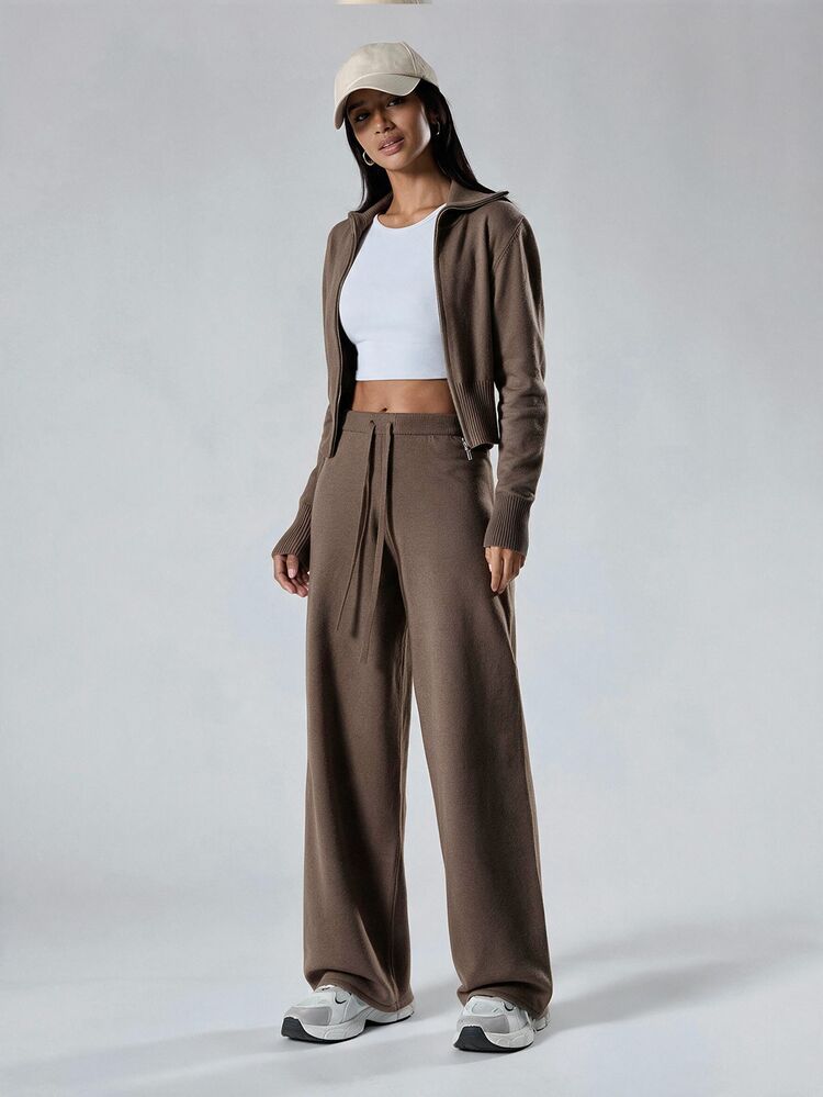 LYSMO Women's Lapel Zip-Up Long Sleeve Top Drawstring Pants Sweater 2 Pieces Set Lounge Traveling Coffee Brown Fall Casual, Autumn/Winter - Khaki - View 1