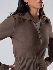 LYSMO 女款翻領拉鍊長袖上衣抽繩褲兩件套休閒服，咖啡棕色，適合居家旅行，秋季休閒，秋冬款 - 卡其色 - 查看 3