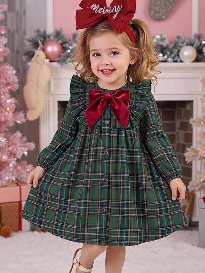 SHEIN Young Girl Young Girls Kids Young Girl Elegant Plaid Patchwork Bow Decor Long Sleeve Ruffle Loose Fit Dress Christmas Party Dress Christmas Jumper