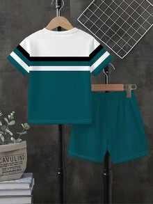 SHEIN 青少年男孩夏季青色短袖T恤與短褲套裝，休閒寬鬆校園返校運動兩件套，對比字母印花 - 彩色 - 查看 3