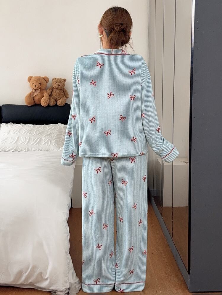 Napfluff Damset med randig pyjamas med kontrastfärgade kanter och rosett, fluffig loungewear med långa ärmar och långa byxor, höst/vinter - Blå - Visa 2