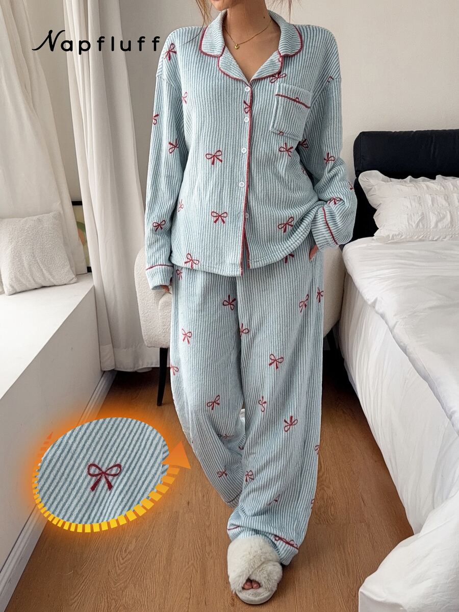 Napfluff 女款對比色滾邊條紋蝴蝶結睡衣套裝,毛茸茸長袖長褲居家服,秋冬款 - 藍色 - 查看 1