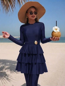 SHEIN Swim Solid Color Middle Eastern Conservative Elegant Women's 3 PiecesSwimsuit With Decorative Trim - Blue - View 1