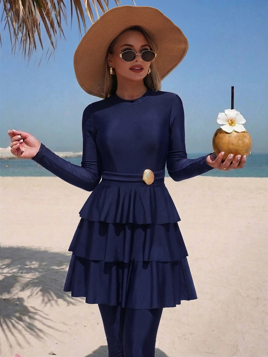 SHEIN Swim Solid Color Middle Eastern Conservative Elegant Women's 3 PiecesSwimsuit With Decorative Trim - Blue - View 1