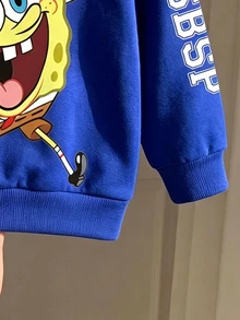 SpongeBob SquarePants | SHEIN 男嬰運動衫 簡約可愛風 皇家藍卡通字母圖案 寬鬆長袖圓領 羅紋針織 秋季返校度假游泳款 - 藍色 - 查看 5