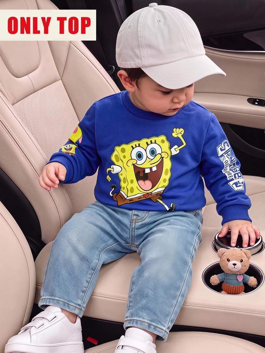 SpongeBob SquarePants | SHEIN 男嬰運動衫 簡約可愛風 皇家藍卡通字母圖案 寬鬆長袖圓領 羅紋針織 秋季返校度假游泳款