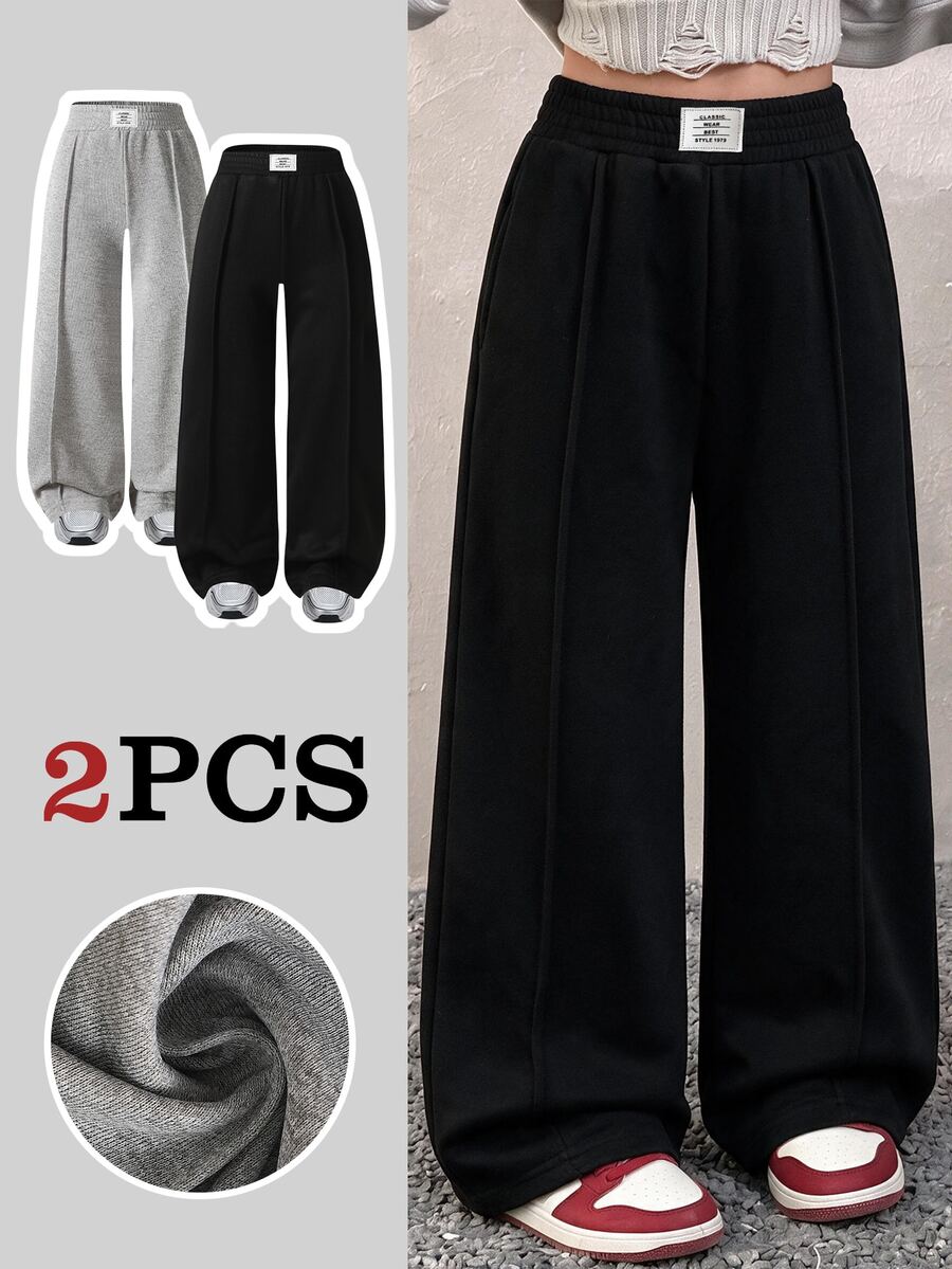 SHEIN 2pcs Young Girls Baby Blue Wide Leg Pants Set, Front Seam Elastic Waist Loos Suitable For Fall Daily School And Outdoor Sports Casual Wear - Multicolor - View 1