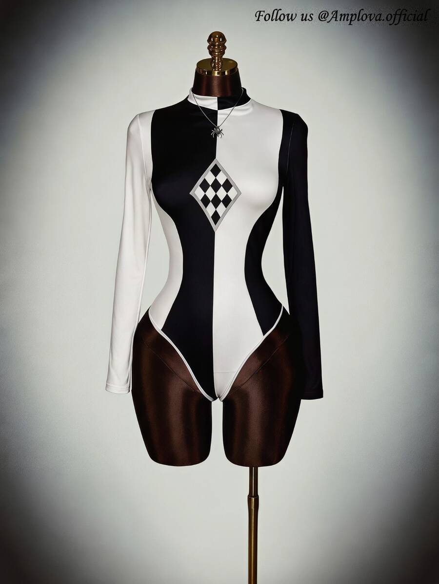 Amplova Women's Mock Neck Long Sleeve Fitted Bodysuit, Suitable For Autumn/Winter And Summer - Multicolor - View 1