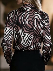 Penseblé Women's Zebra Print Blouse, Cowl Neck Long Sleeve, Elegant Chic Work Office Going Out Fall Top - Black - View 2
