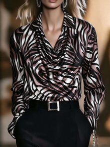 Penseblé Women's Zebra Print Blouse, Cowl Neck Long Sleeve, Elegant Chic Work Office Going Out Fall Top - Black - View 3