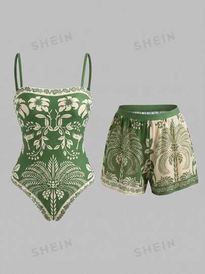 Swim Oasis Bohemian Style, Vacation Vibe, Fun Tropical Plant Prints,Women's Floral Print Vacation Fashion One-Piece Swimsuit With Shorts Set