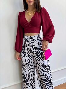 Elenzga 女款優雅長袖襯衫，燈籠袖與領結設計，秋季女裝 - 酒紅色 - 查看 4