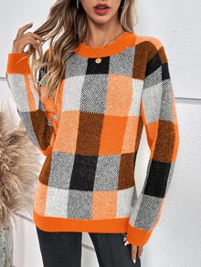 EMERY ROSE Women's Crew Neck Long Sleeve Colorblock Plaid Casual Fashionable Pullover Sweater,Long Sleeve Tops, Knit Pullover Fall Winter - Orange - View 5