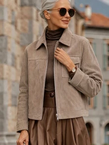 Velvienne Women's Plus Size Suede Fabric Zipper Casual Versatile Motorcycle Jacket Fall - Brown - View 5