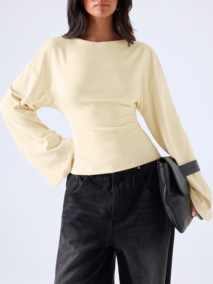 LYSMO Women's Solid Color Round Neck Drop Shoulder Long Sleeve Casual T-Shirt Brunch Cream White Autumn - Light Yellow - View 7